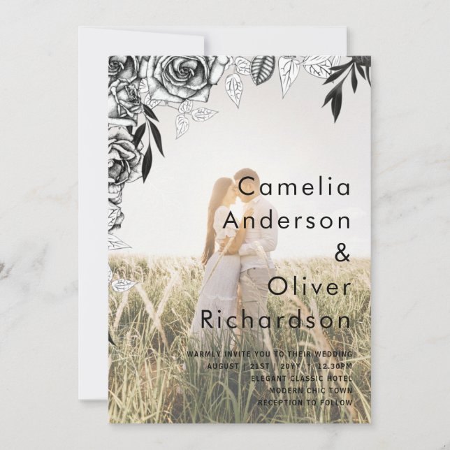 Budget Black Rose FOTO OVERLAY Hochzeit Einladung (Vorderseite)