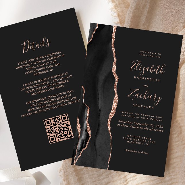 Budget Black Rose Gold Agate Dunkel QR Code Hochze (Von Creator hochgeladen)