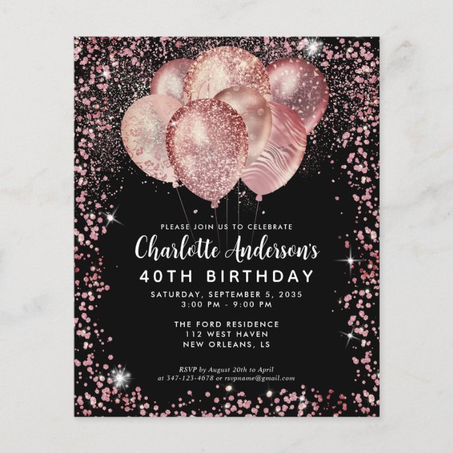 Budget Black Rose Gold Glitzer Ballon Geburtstag Flyer (Vorne)