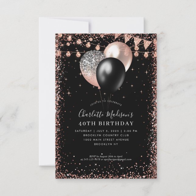 Budget Black Rose Gold Glitzer Ballon Geburtstag Mitteilungskarte (Vorderseite)