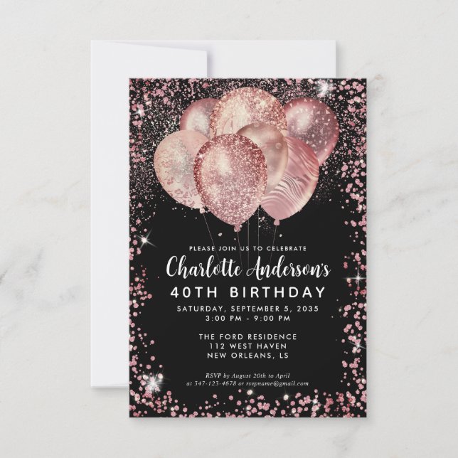 Budget Black Rose Gold Glitzer Ballon Geburtstag Mitteilungskarte (Vorderseite)
