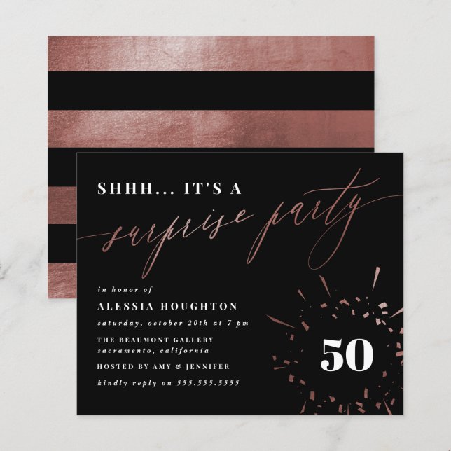 Budget Black & Rose Gold Script Überraschung Party (Vorne/Hinten)
