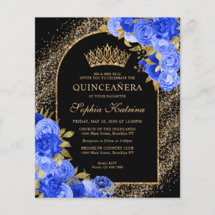 Budget Black Royal Blue Gold Floral Quinceanera