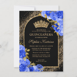 Budget Black Royal Blue Gold Floral Quinceanera Mitteilungskarte