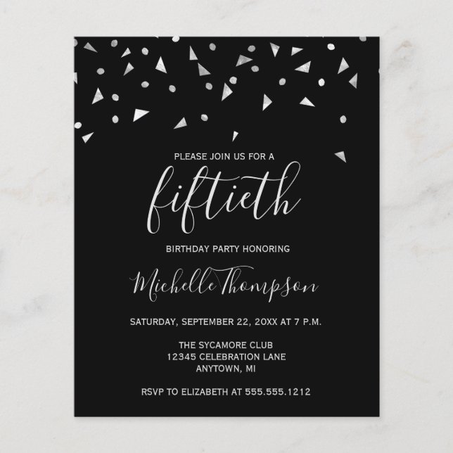 Budget Black Silver 50. Geburtstagsparty Einladung (Vorderseite)