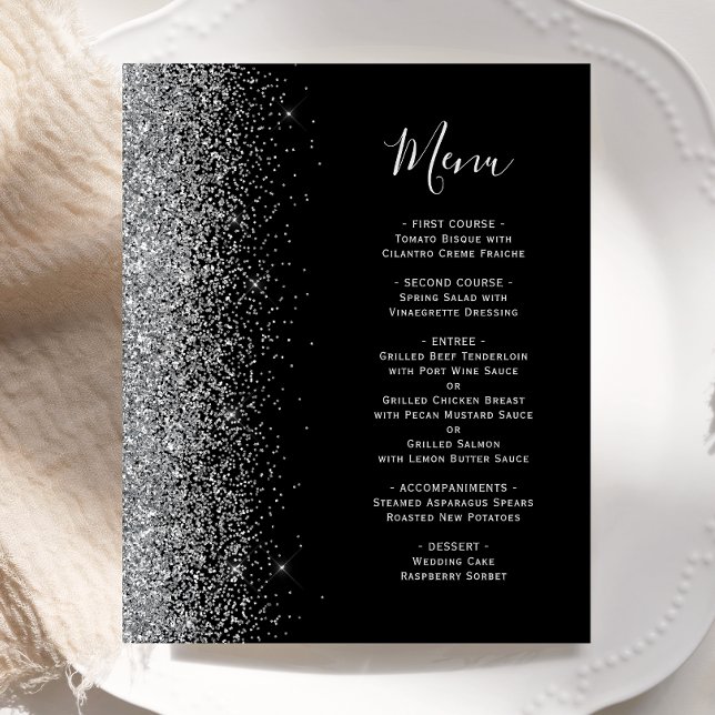 Budget Black Silver Glitzer Edge Wedding Menu (Von Creator hochgeladen)