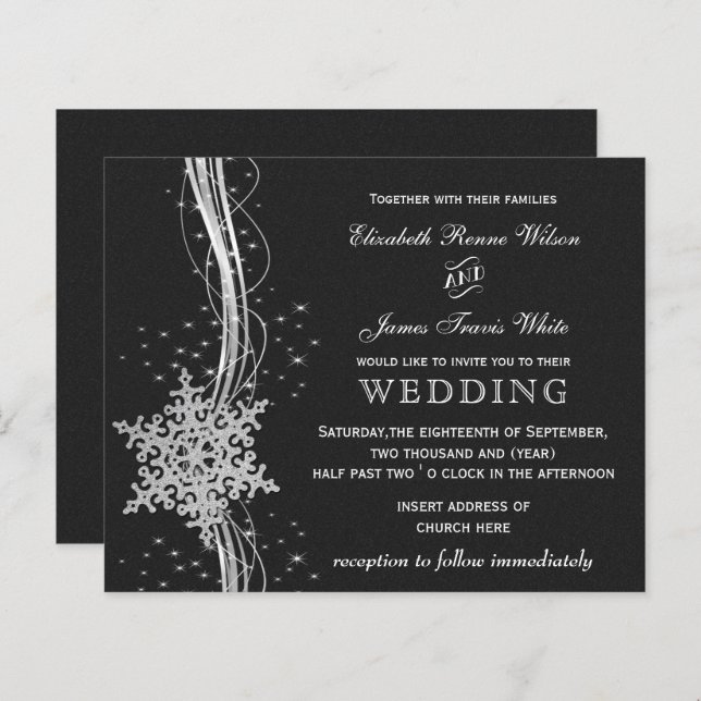 Budget Black Silver Snowflakes Hochzeitseinladunge (Vorne/Hinten)