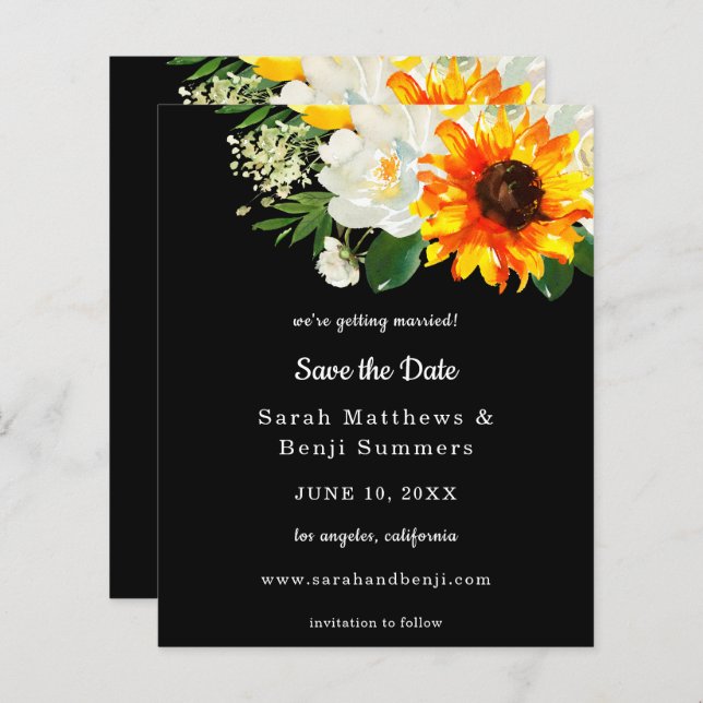 Budget Black Sunflower & Whi Floral Save the Date (Vorne/Hinten)