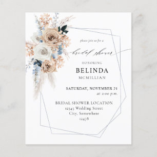 Budget Blau & Beige Boho Blumen Hochzeitsshower Flyer