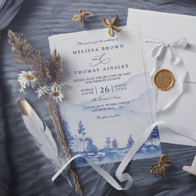 Budget Blau Berg Aquarell QR-Code Hochzeit Einladung (Von Creator hochgeladen)