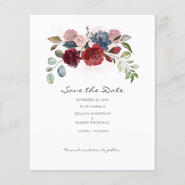 Budget Bloom Burgundy Floral Rustikal Save the Dat Flyer (Vorne)