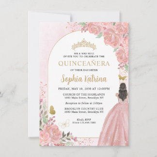 Budget Bloral Pink Gold Princess Quinceanera Mitteilungskarte