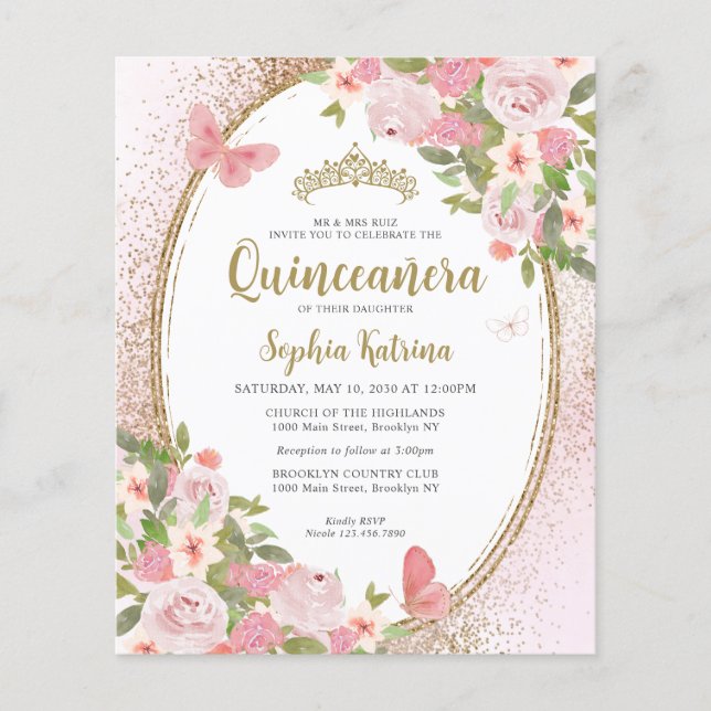 Budget Bloral Rosa Gold Tiara Quinceañera Flyer (Vorne)