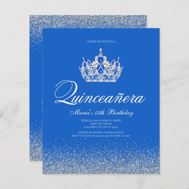 Budget Blue and Silver Quinceanera Einladungen (Vorne/Hinten)