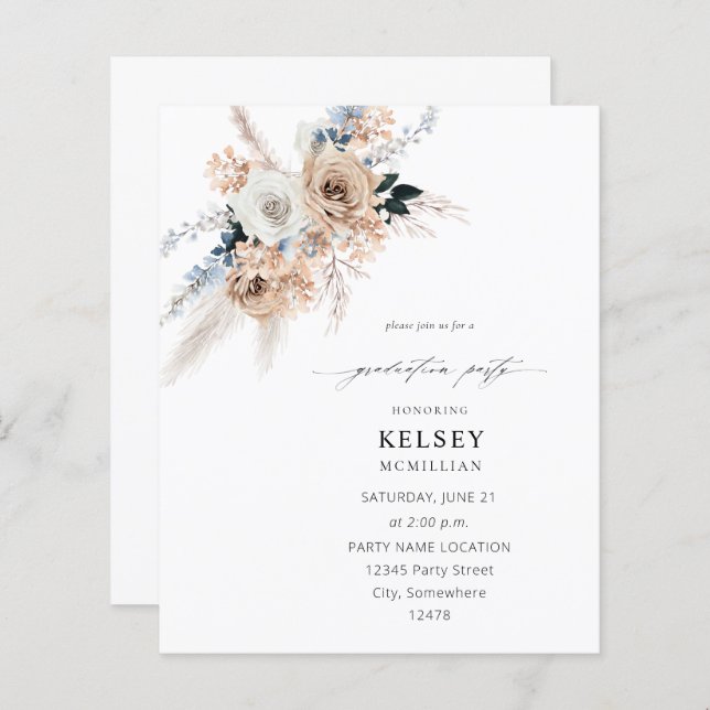 Budget Blue & Beige Boho Floral Graduation Party (Vorne/Hinten)
