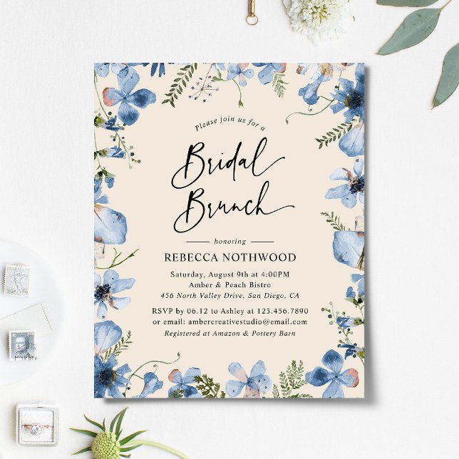 Budget Blue Beige Floral Bridal Brunch Einladung (Von Creator hochgeladen)