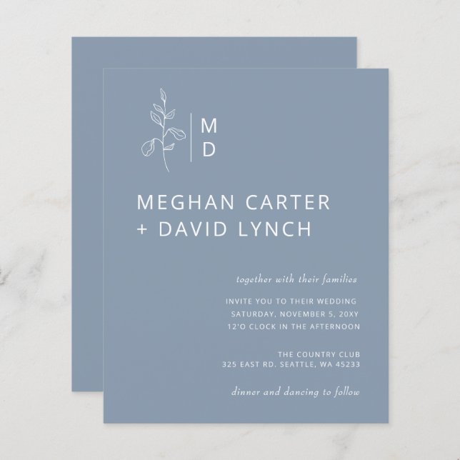 Budget Blue Botanical Monogram Wedding Einladung (Vorne/Hinten)