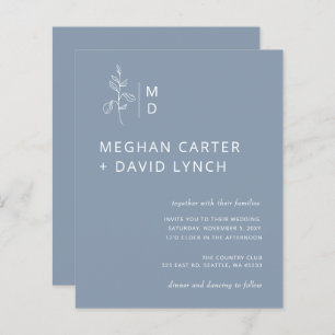 Budget Blue Botanical Monogram Wedding Einladung