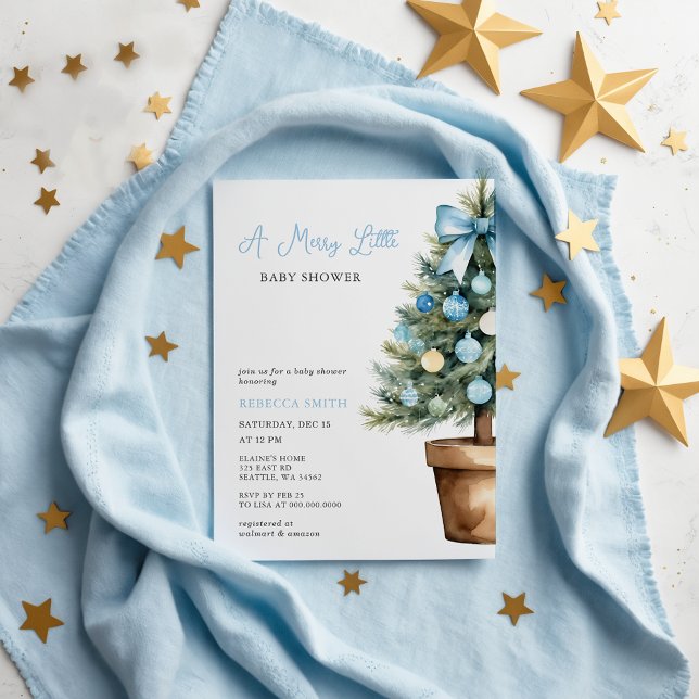 Budget Blue Bow Weihnachten Frohe kleine Babydusch (Budget Blue Bow Christmas Merry Little Baby Shower Invitation)