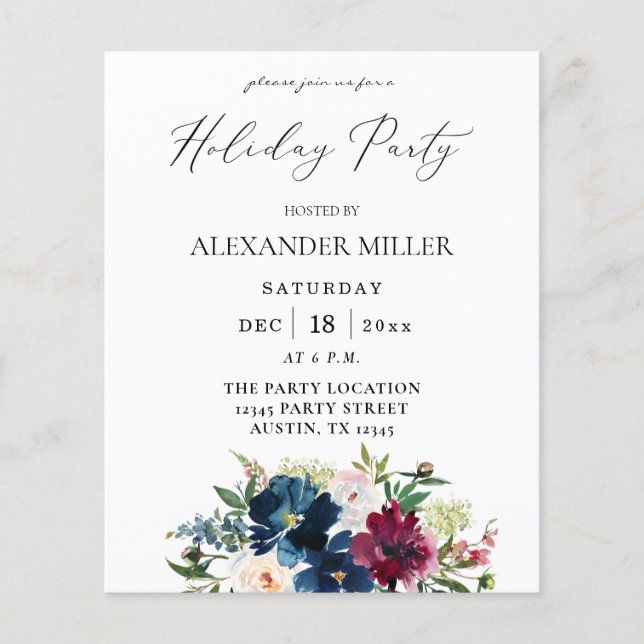 Budget Blue, Burgund & White Floral Holiday Party Flyer (Vorne)