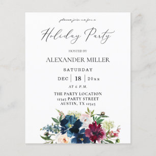Budget Blue, Burgund & White Floral Holiday Party Flyer
