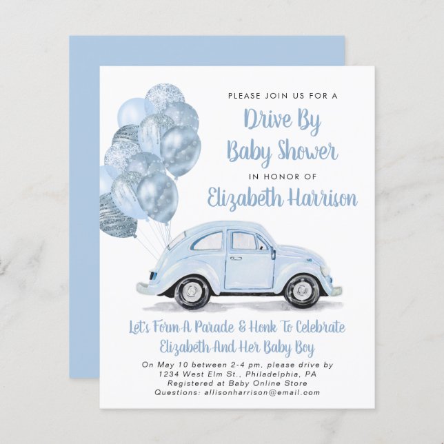 Budget Blue Car Drive by Baby Dusche Einladung (Vorne/Hinten)