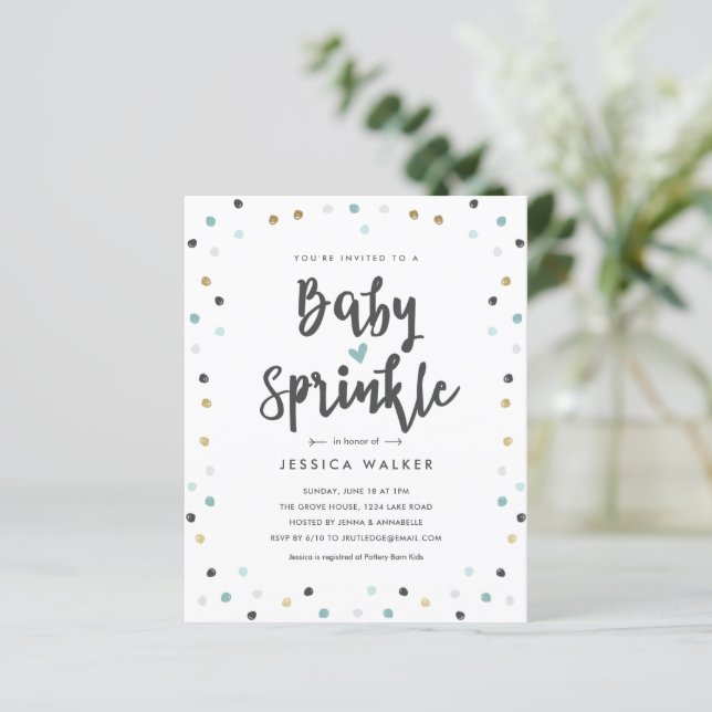 Budget Blue Confetti Typ Baby Sprinkle Einladung (Stehend Vorderseite)