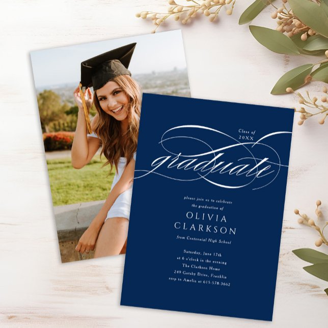 Budget Blue Elegant Script Foto Graduation Party Einladung (Von Creator hochgeladen)