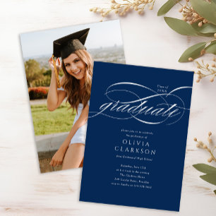 Budget Blue Elegant Script Foto Graduation Party Einladung