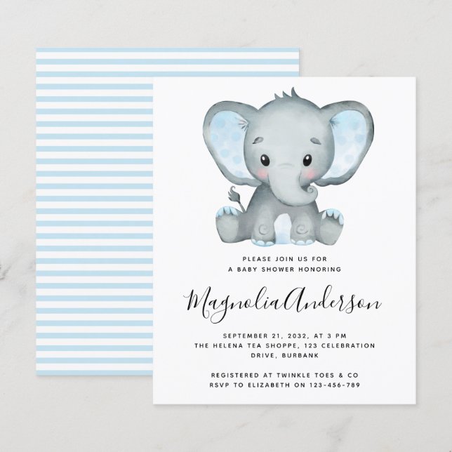 BUDGET Blue Elephant Baby Dusche Einladung (Vorne/Hinten)