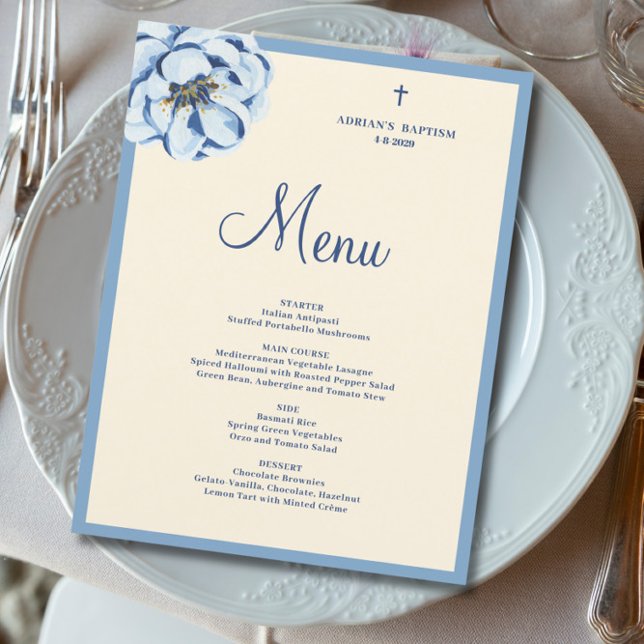 Budget Blue Floral Baby Boy Baptism Menu (Von Creator hochgeladen)