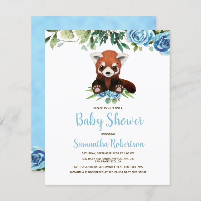 Budget Blue Floral Bear Boy Baby Dusche Einladung (Vorne/Hinten)