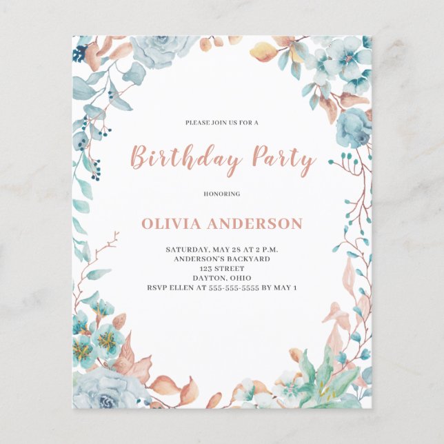 Budget Blue Floral Geburtstag Einladung Flyer (Vorne)