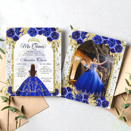 Budget Blue Floral Princess Gold Quinceanera Foto