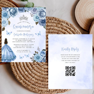 Budget Blue Floral QR Code Quinceañera Einladung