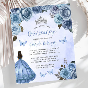 Budget Blue Floral Rose Quinceañera Einladung
