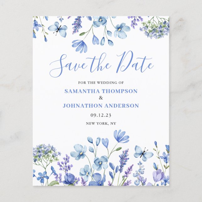 Budget Blue Floral Save the Date Flyer (Vorne)