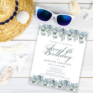 Budget Blue Floral Sweet 16 Geburtstag Einladung
