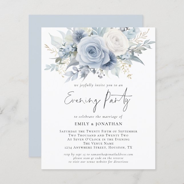 Budget Blue Florals QR Code Wedding Abend Party (Vorne/Hinten)