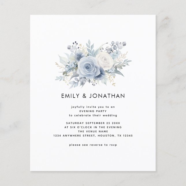 Budget Blue Florals QR Wedding Abend Party (Vorderseite)