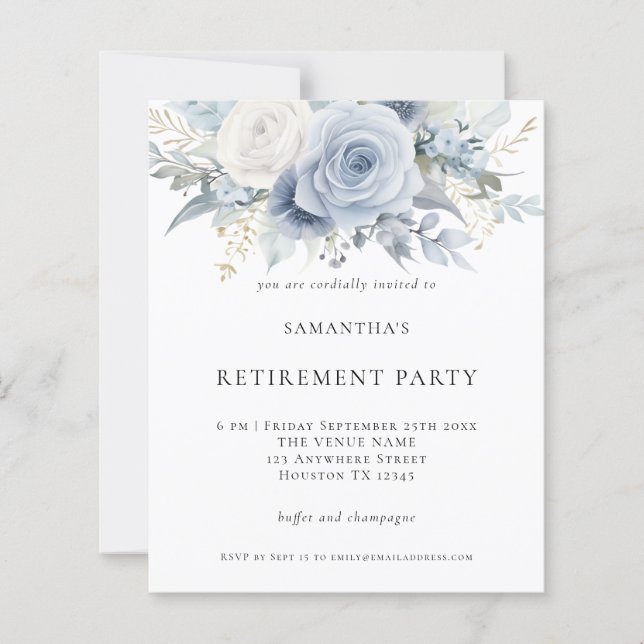Budget Blue Florals Retirement Party Einladung (Vorderseite)