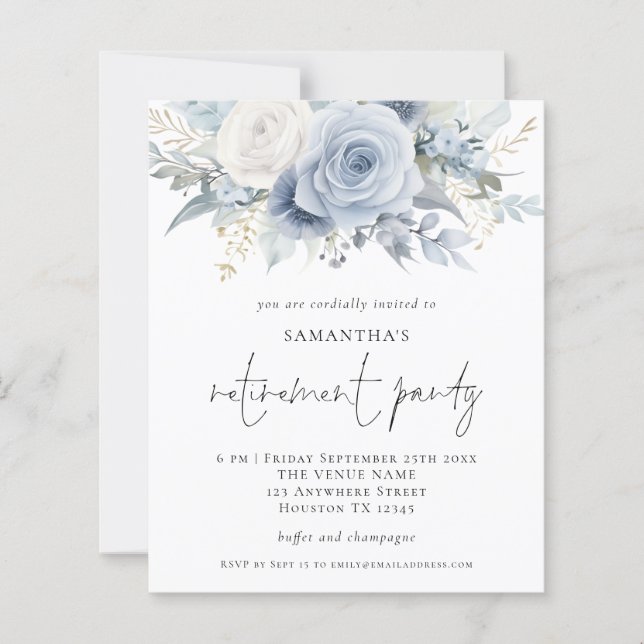 Budget Blue Florals Script Retirement Party Einlad (Vorderseite)