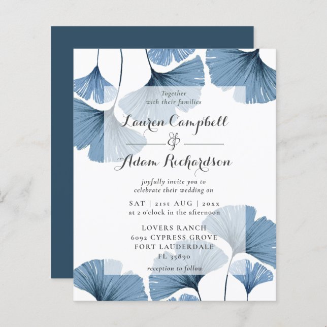 Budget Blue Foliage Watercolor Einladung (Vorne/Hinten)