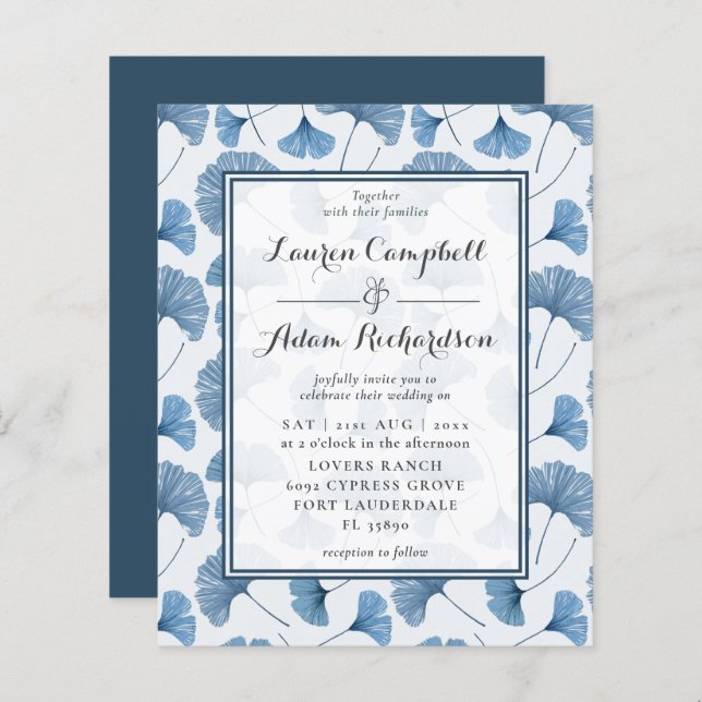 Budget Blue Foliage Watercolor Einladung (Vorne/Hinten)