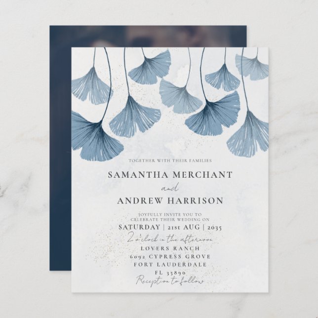 Budget Blue Ginkgo Wedding Einladung (Vorne/Hinten)