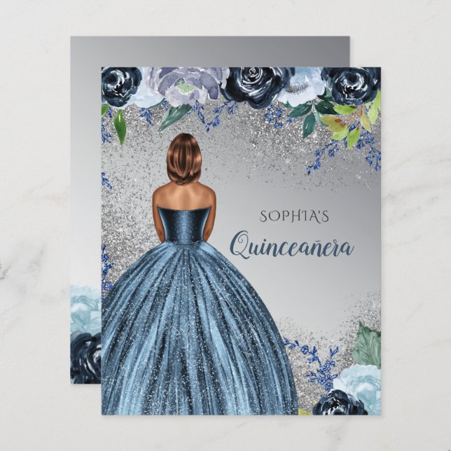 Budget Blue Glitzer Kleid Quinceañera Einladung (Vorne/Hinten)