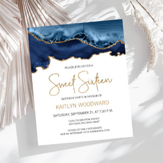 Budget Blue Gold Agate Sweet 16 Einladung