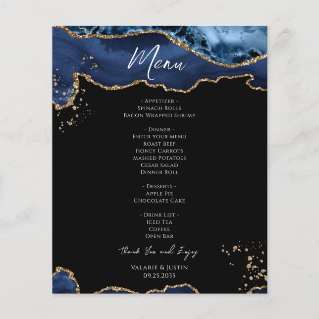 Budget Blue Gold Glitzer Marble Wedding Menü (Vorne)