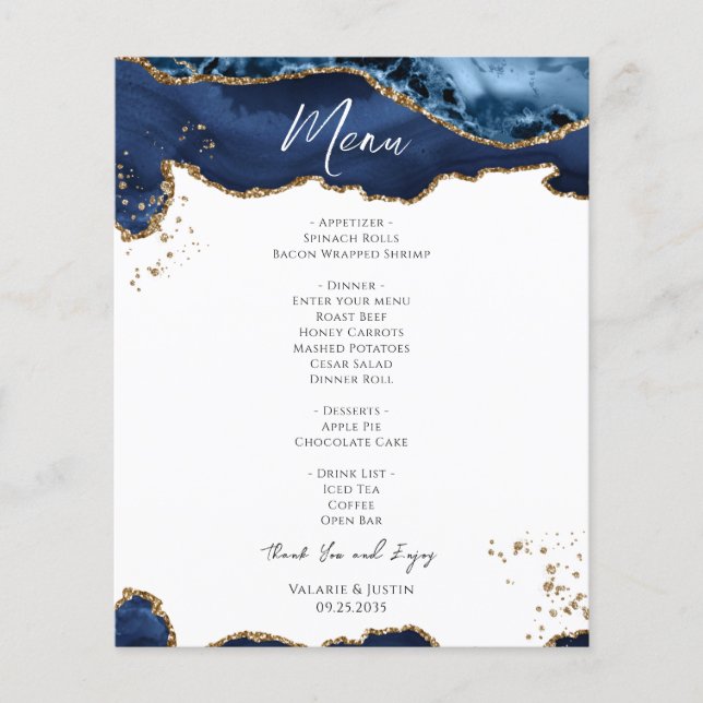 Budget Blue Gold Glitzer Marble Wedding Menu Flyer (Vorne)