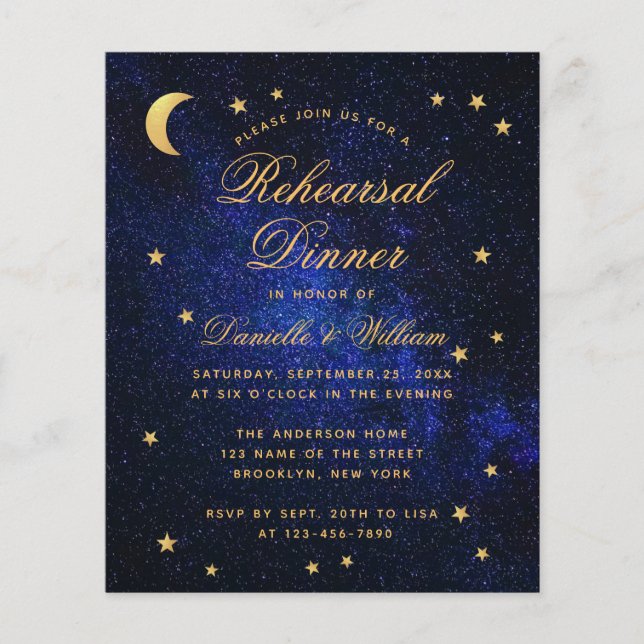 Budget Blue Gold Stars Probe Dinner Einladung (Vorderseite)